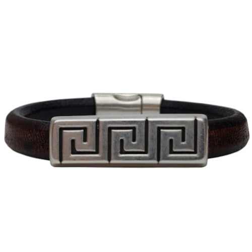 Silver Greek Key Leather Bracelet