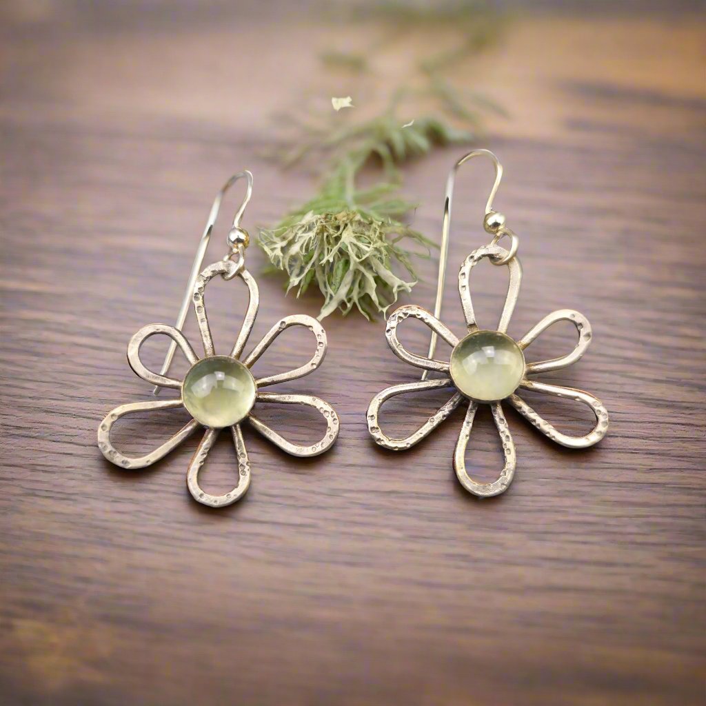 Sterling Silver Prehnite Flower Earrings